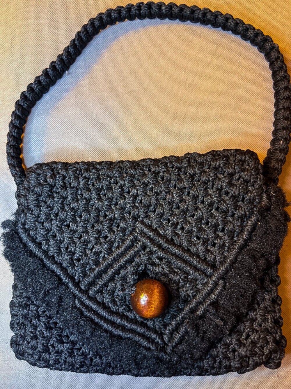 Vintage Black Macrame Crochet Shoulder Bag with Wooden Bead Closure